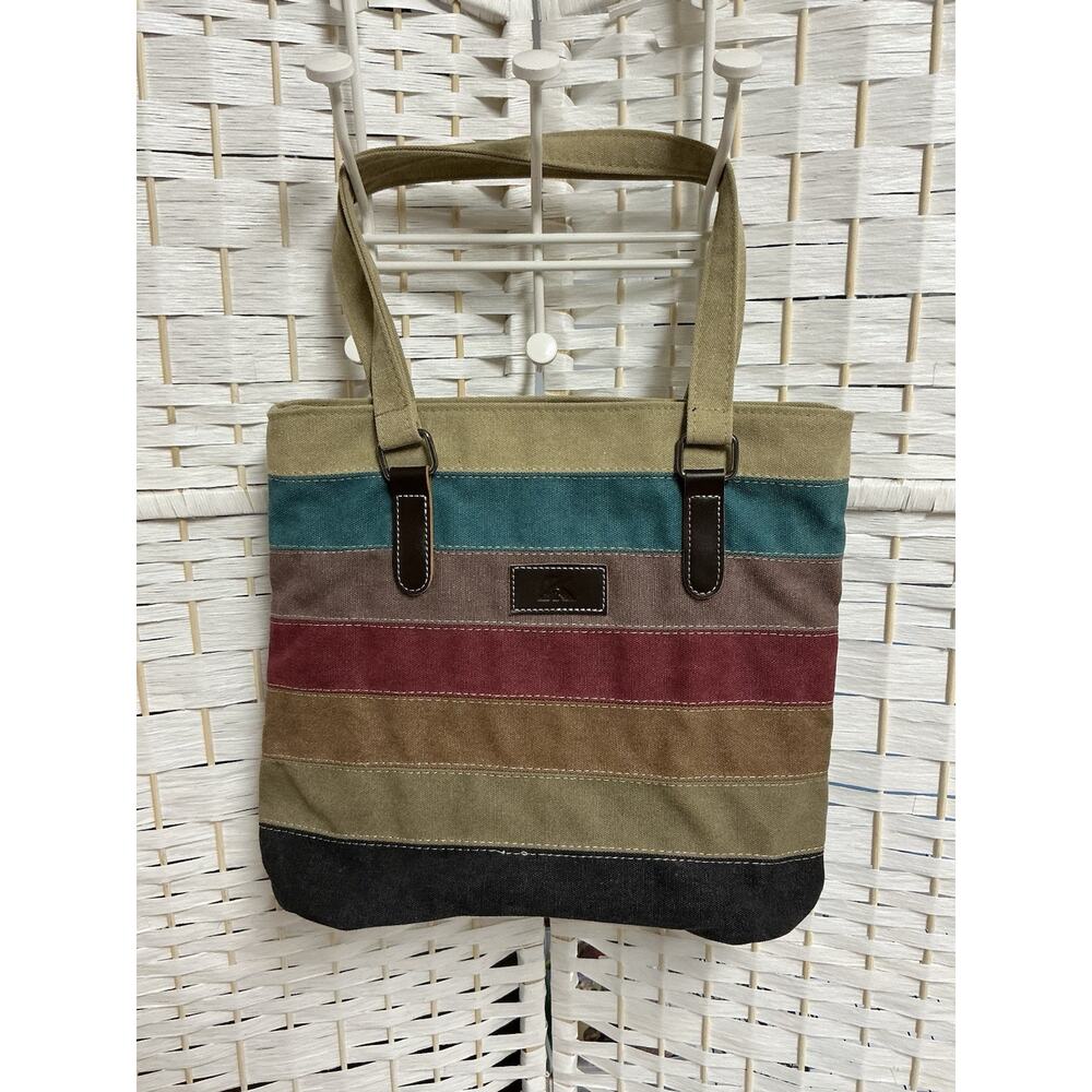 K2 Stripped Canvas Double Handle Multi‎ Pocket Handbag